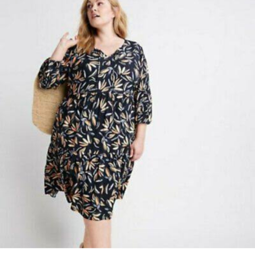 Ryllace Floral Boho Promenade Flowy Tiered Navy Blue Dress 3/4 Sleeve  Size 20